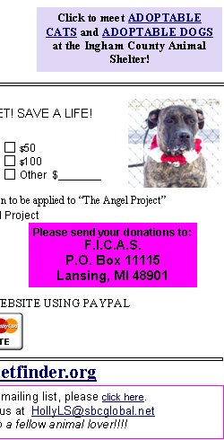 To remove your name from our mailing list, please click here.Questions or comments? E-mail us at  HollyLS@sbcglobal.netPlease cross post & send to a fellow animal lover!!!!HELP A SHELTER PET! SAVE A LIFE!$20$50$100$75$200Other  $_______Please check box if you would like your donation to be applied to The Angel ProjectThe Angel ProjectOR DONATE VIA OUR WEBSITE USING PAYPALPlease send your donations to: 
F.I.C.A.S.P.O. Box 11115Lansing, MI 48901Click to meet ADOPTABLE CATS and ADOPTABLE DOGS at the Ingham County Animal Shelter!www.ficas.petfinder.org